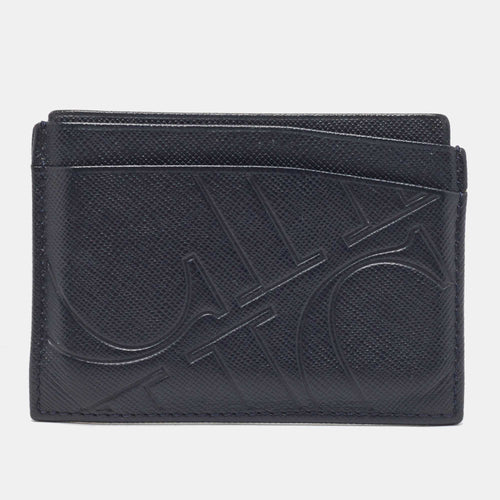 Dark Blue Monogram Embossed Leather Card Holder