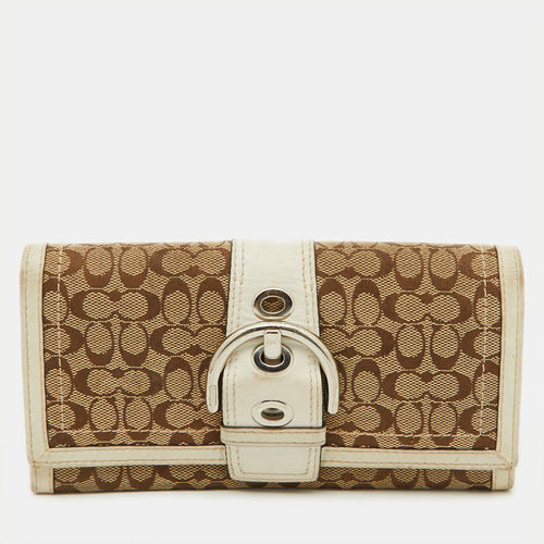 Beige/White Signature Canvas and Leather Buckle Detail Continental Wallet