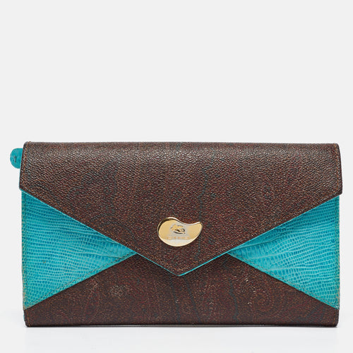 Brown/Blue Paisley Coated Canvas and Lizard Embossed Leather Trifold Continental Wallet