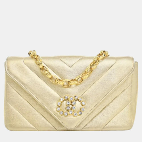 Metallic Gold Lambskin Leather Small Faux Pearl V Stitch Shoulder Bag