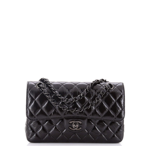 CHANEL So Black Classic Double Flap Bag Quilted Shiny Crumpled Calfskin Small