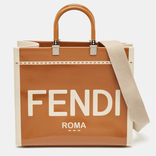 Brown/Beige Canvas and Patent Leather Medium Sunshine Shopper Tote