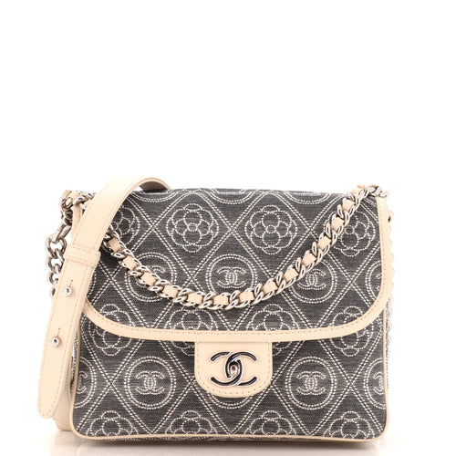 CHANEL Camellia Double Side Flap Bag Quilted Printed Canvas Small