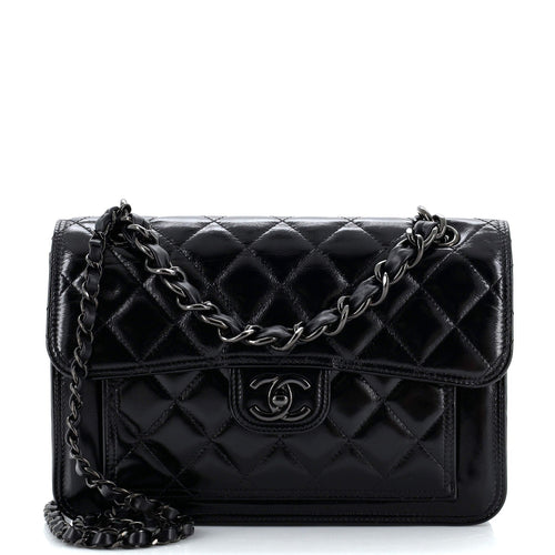 CHANEL So Black CC Front Pocket Chain Flap Bag Quilted Shiny Calfskin Medium