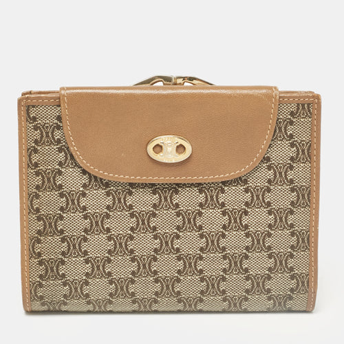 Tan Macadam Coated Canvas and Leather Kisslock Compact Wallet