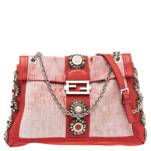 Red/White Canvas and Leather Maxi Baguette Embellished Shoulder Bag