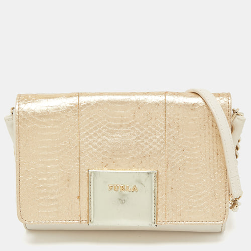 Gold/Cream Leather and Python Embossed Leather Shoulder Bag