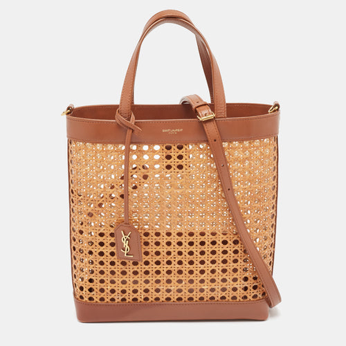 Saint Laurent Brown/Beige Woven Raffia and Leather Toy Tote