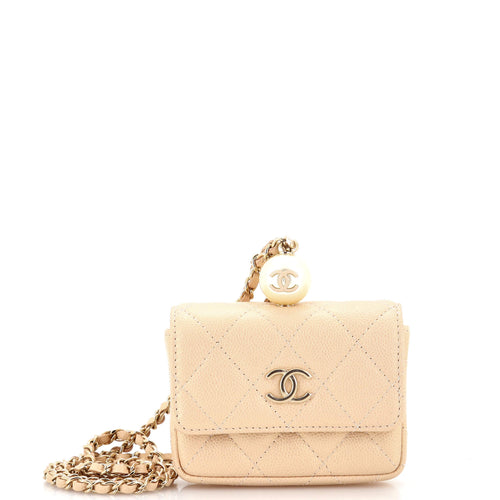 CHANEL CC Pearl Coin Card Holder with Chain Quilted Iridescent Caviar