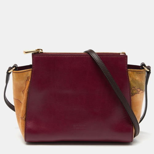 Burgundy/Tan Geo Print Coated Canvas and Leather Crossbody Bag