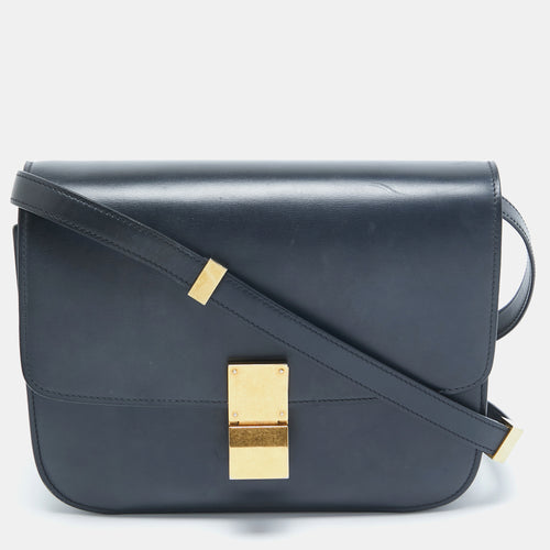Navy Blue Leather Medium Classic Box Shoulder Bag