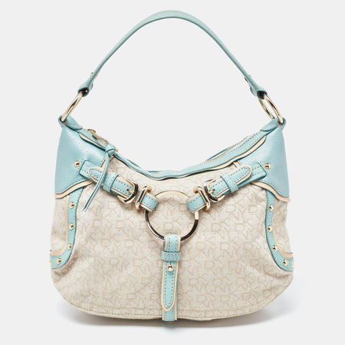 DKNY Cream/Blue Monogram Canvas and Leather Buckle Hobo