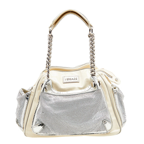 Cream/Sliver Patent Leather And Metallic Mesh Chain Link Satchel
