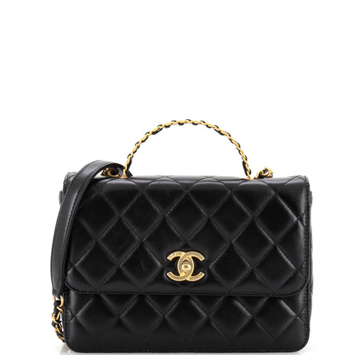 CHANEL Logo Links Top Handle Flap Bag Quilted Calfskin Small
