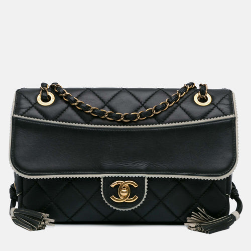 Black Quilted Lambskin Leather Tassel and Border Embellished Flap Bag