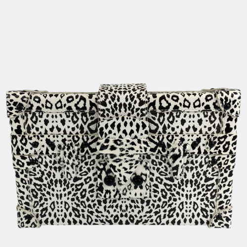 Black/White Coated Canvas Leopard Print and Fringe Strap Petite Malle Shoulder Bags