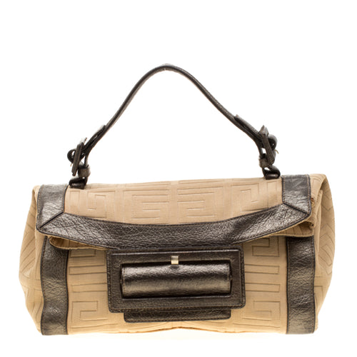Cream and Metallic Brown Canvas And Leather Satchel