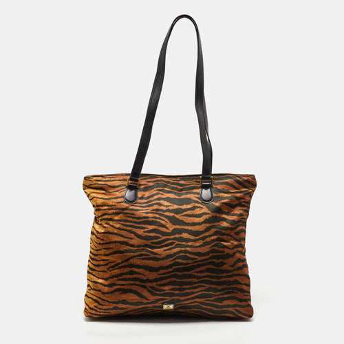 Brown/Black Zebra Print Fabric and Leather Zip Tote