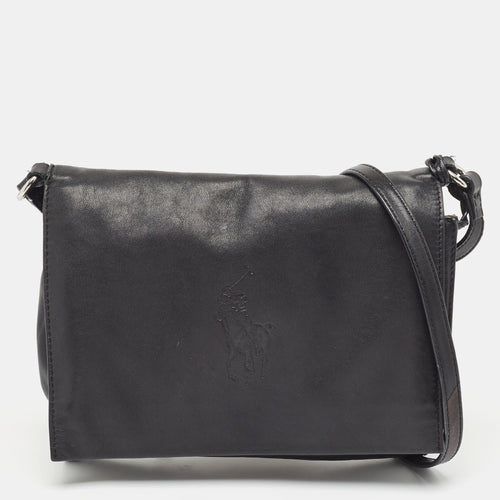 Black Leather Logo Embossed Flap Messenger Bag