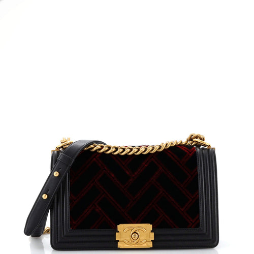 CHANEL Boy Flap Bag Chevron Patchwork Velvet with Calfskin Old Medium