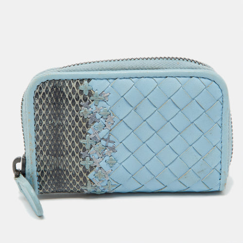 Blue Intrecciato Leather and Karung Leather Coin Purse