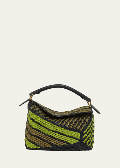 x Paula's Ibiza Puzzle Edge Small Top-Handle Bag in Striped Raffia