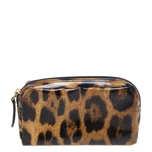 Beige/Brown Leopard Print Patent Leather Cosmetic Pouch