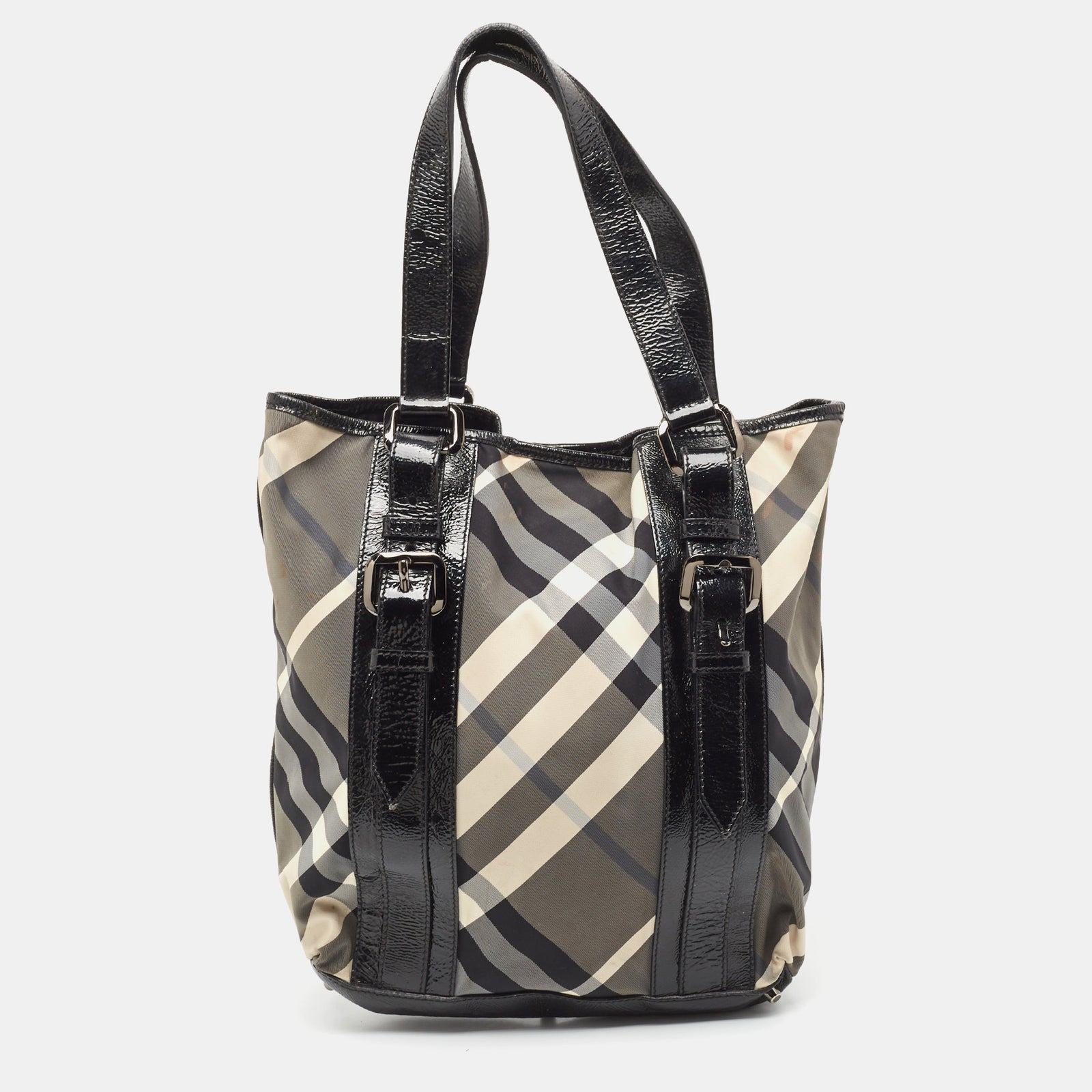 Burberry Black Beat Check Nylon and Patent Leather Victoria Tote