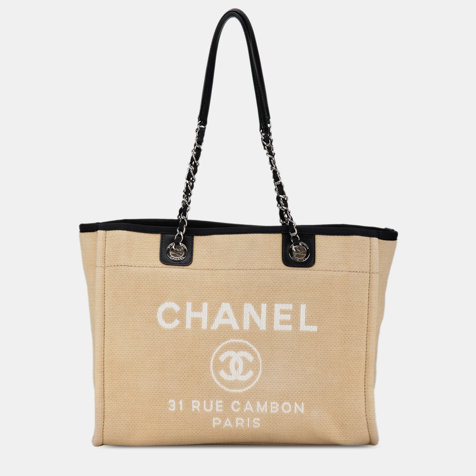 Chanel Petit sac fourre-tout Deauville en toile beige/marron