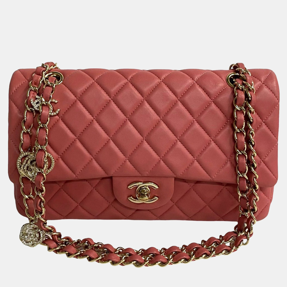 Chanel Pink Leather Medium Classic Single Flap Charms Shoulder Bag