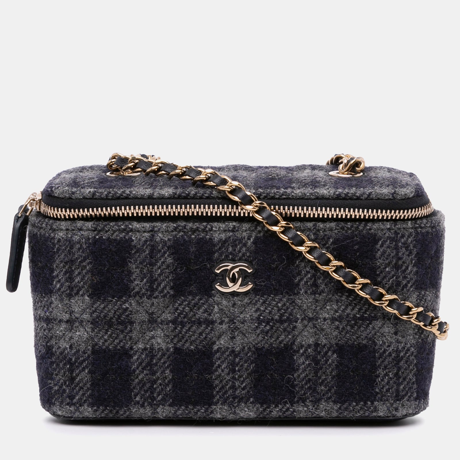 Chanel Small Tweed Plaid Vanity Case with Chain