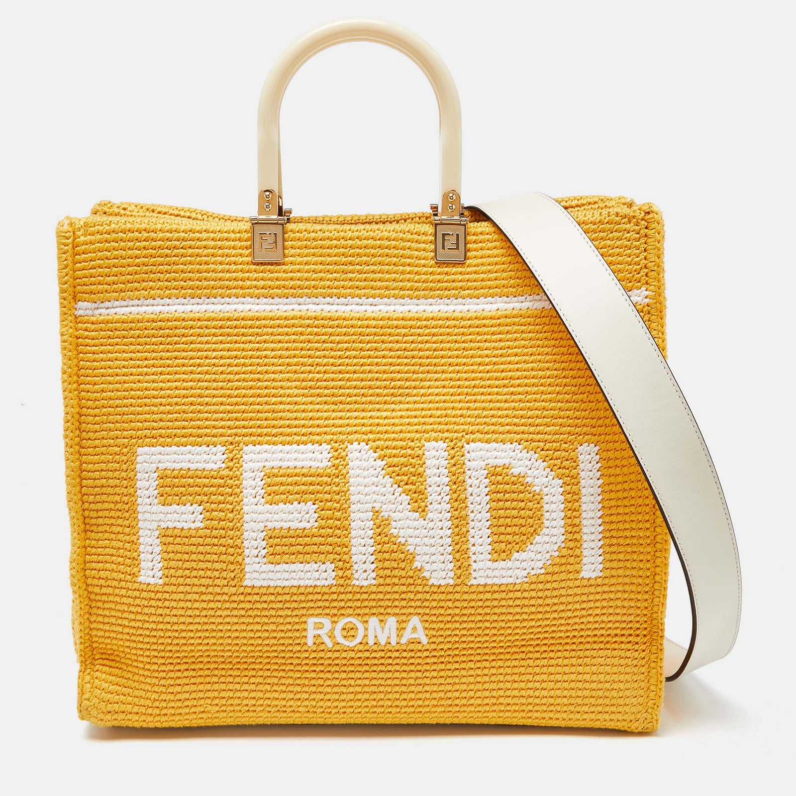 Fendi Yellow/White Crochet and Leather Medium Sunshine Tote