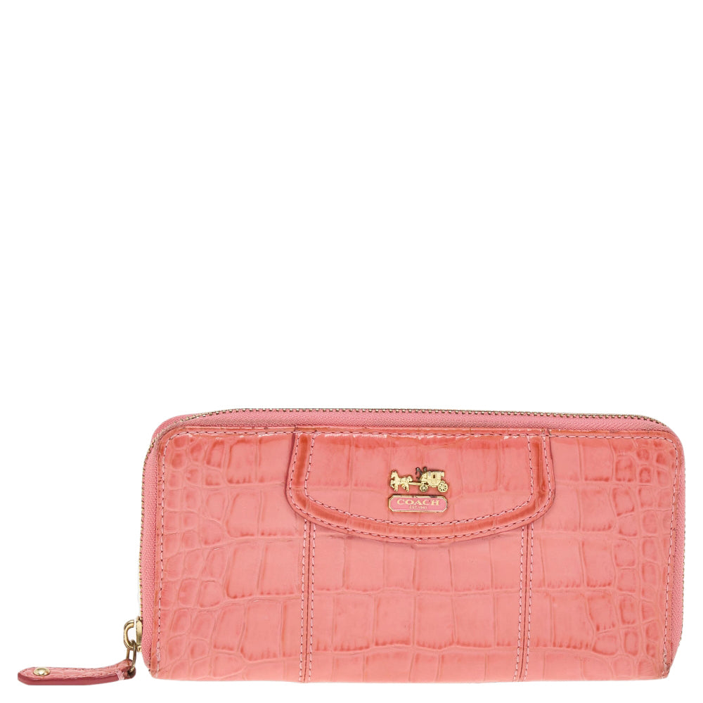 Coach Coral Pink Croc Embossed Leather Zip Around Wallet