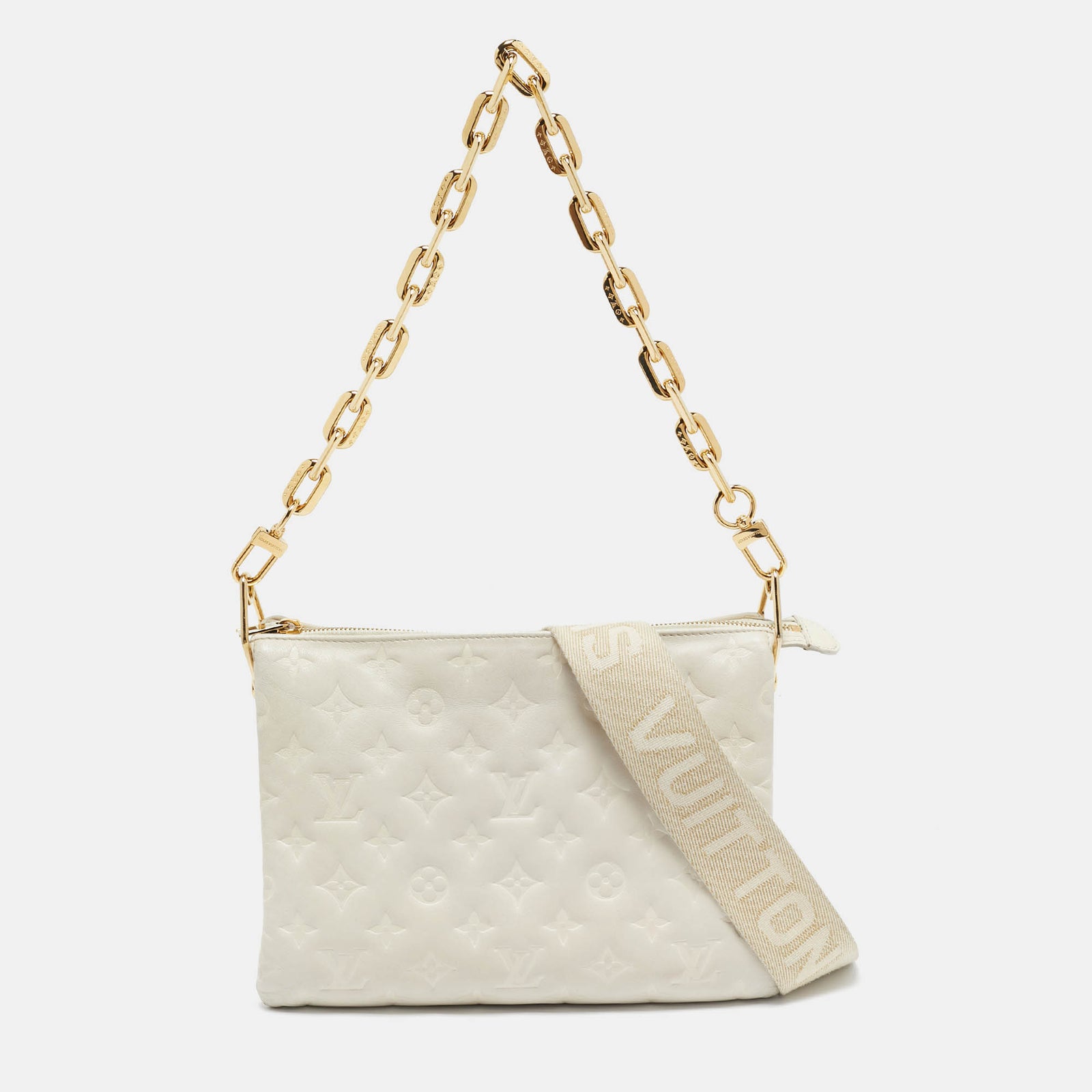 Louis Vuitton Weiße Coussin PM-Tasche aus Leder mit Monogrammprägung