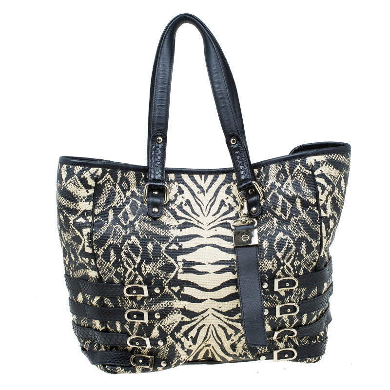 Jimmy Choo Black/Beige Printed Raffia Babeth Shopper Tote