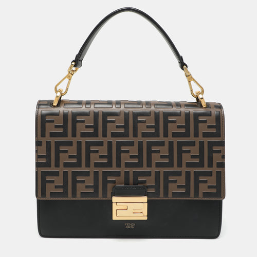 Black/Brown FF Embossed Leather Kan U Top Handle Bag