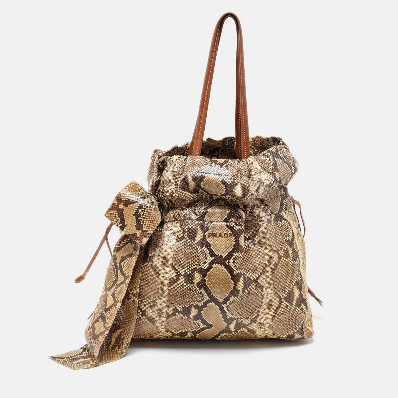 Prada Beige/Brown Python and Leather Bow Drawstring Tote