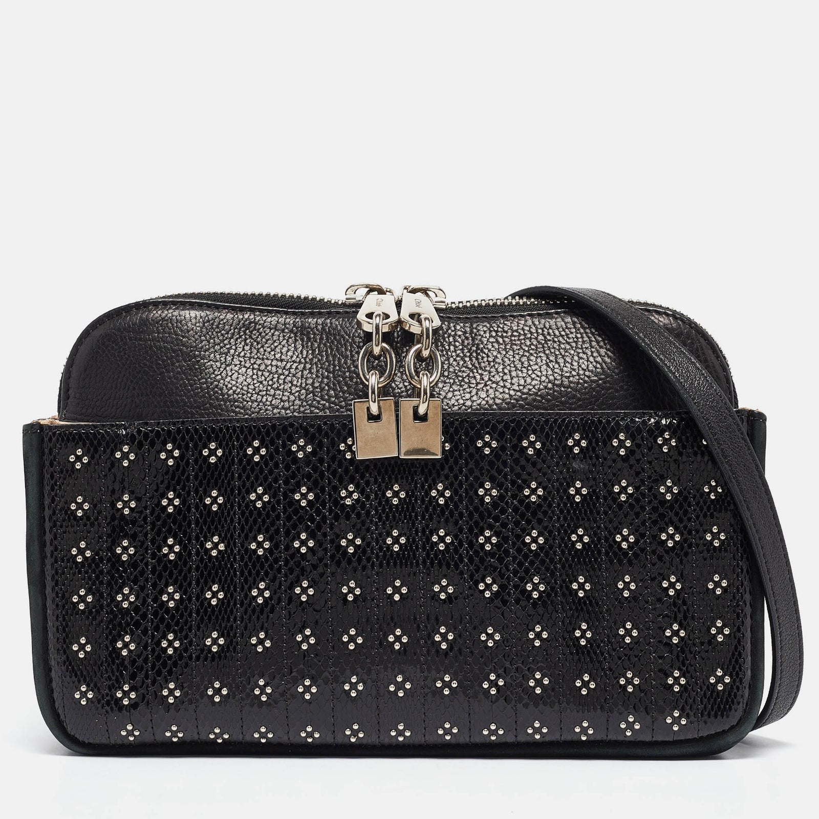 Chloe Black Snakeskin, Nubuck and Leather Studded Crossbody Bag