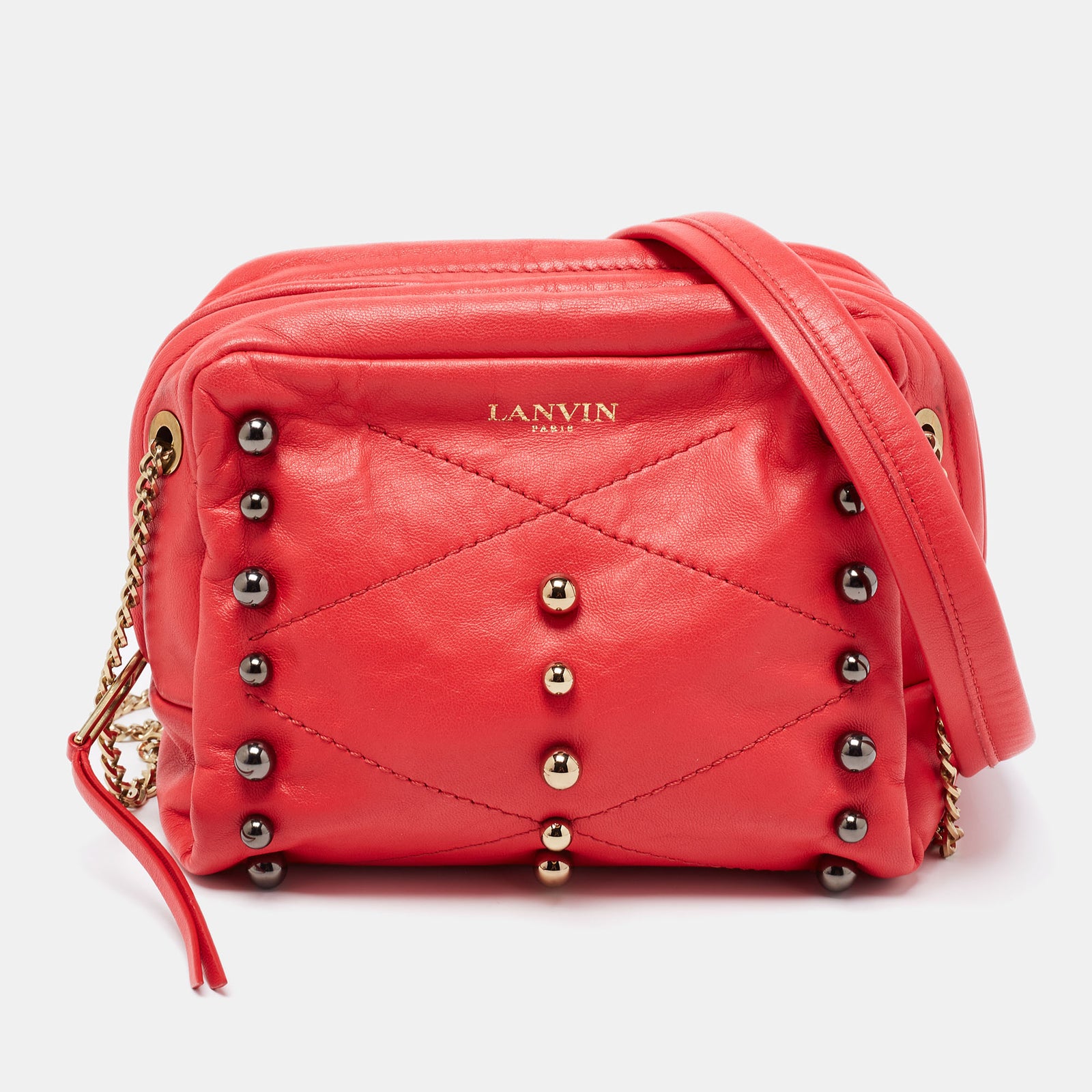 Lanvin Coral Red Leather Sugar Studded Shoulder Bag