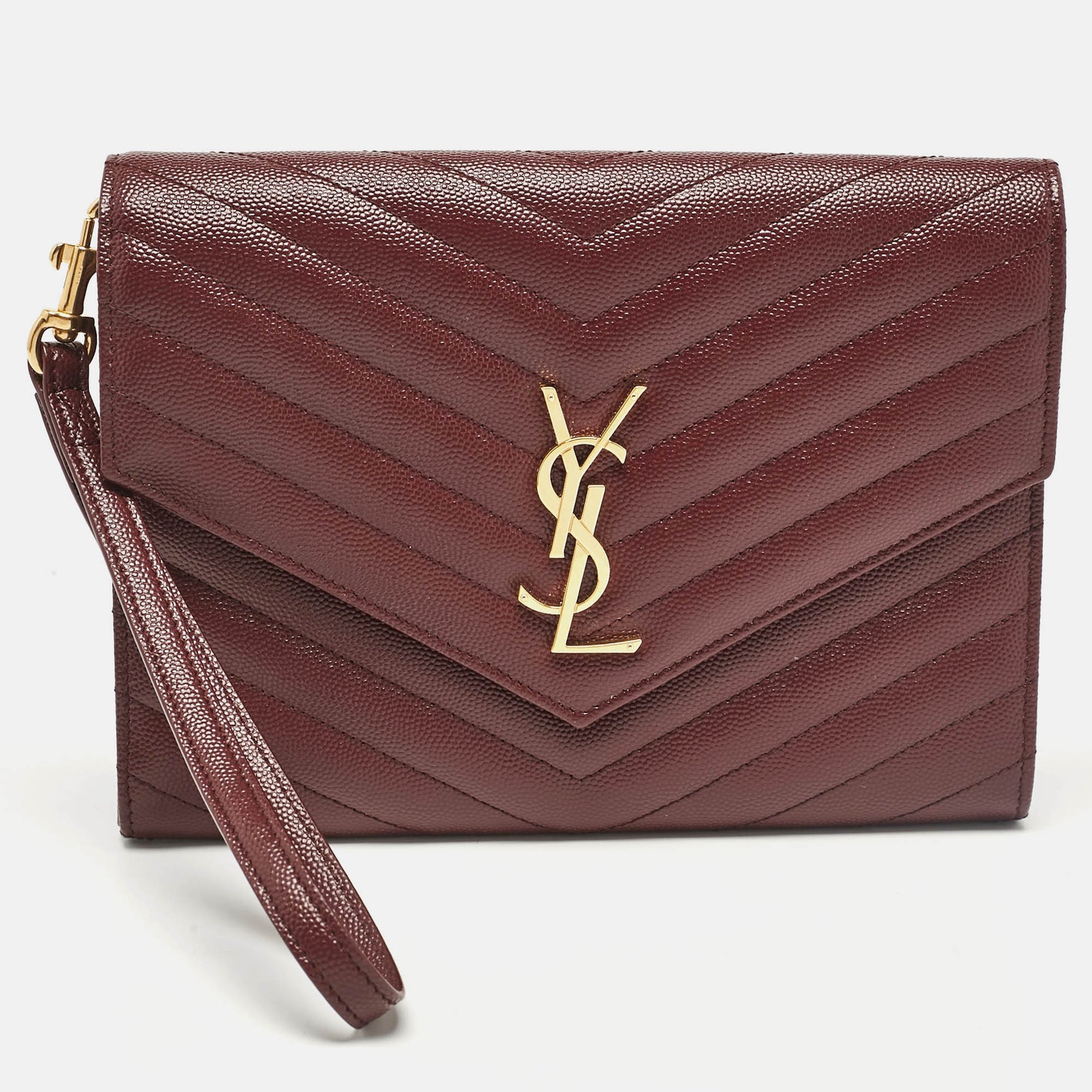 Saint Laurent Paris Saint Laurent Burgundy Matelass&eacute; Leather Monogram Envelope Wristlet Clutch