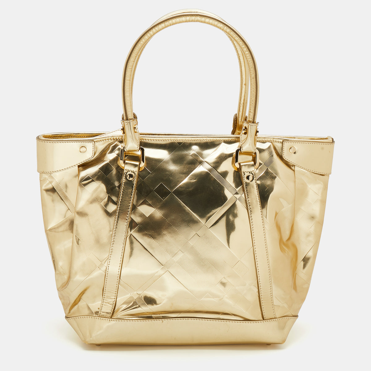 Burberry Metallic Gold Beat Check Mirror Patent Leather Ember Tote