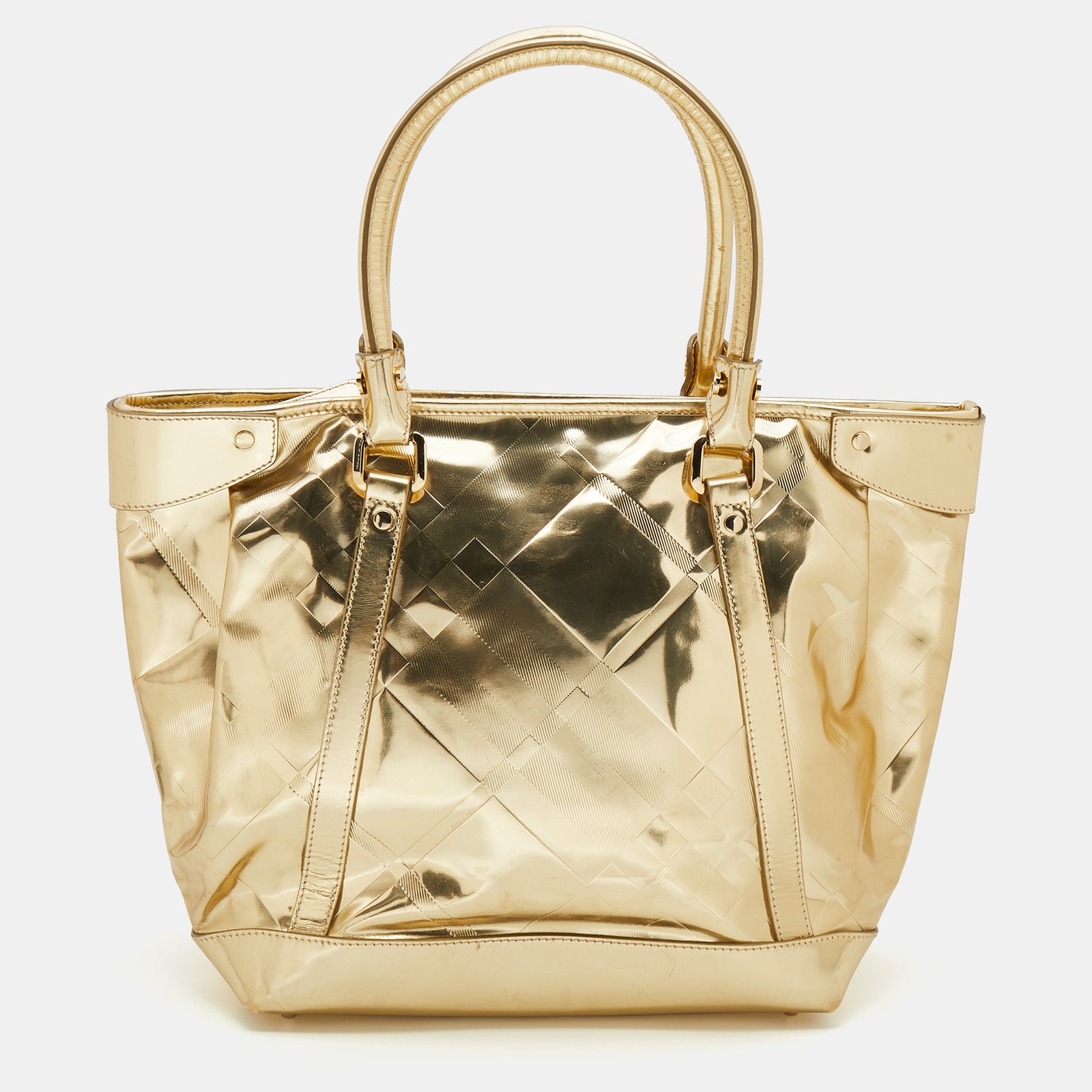 Burberry Metallic Gold Beat Check Mirror Patent Leather Ember Tote