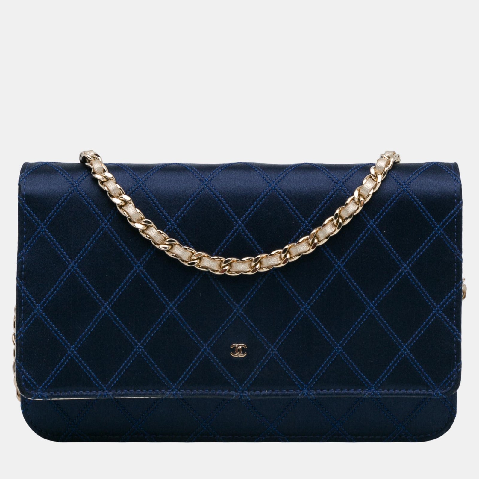 Chanel Marineblaue Geldbörse aus Satin mit Rautenstich und Kette