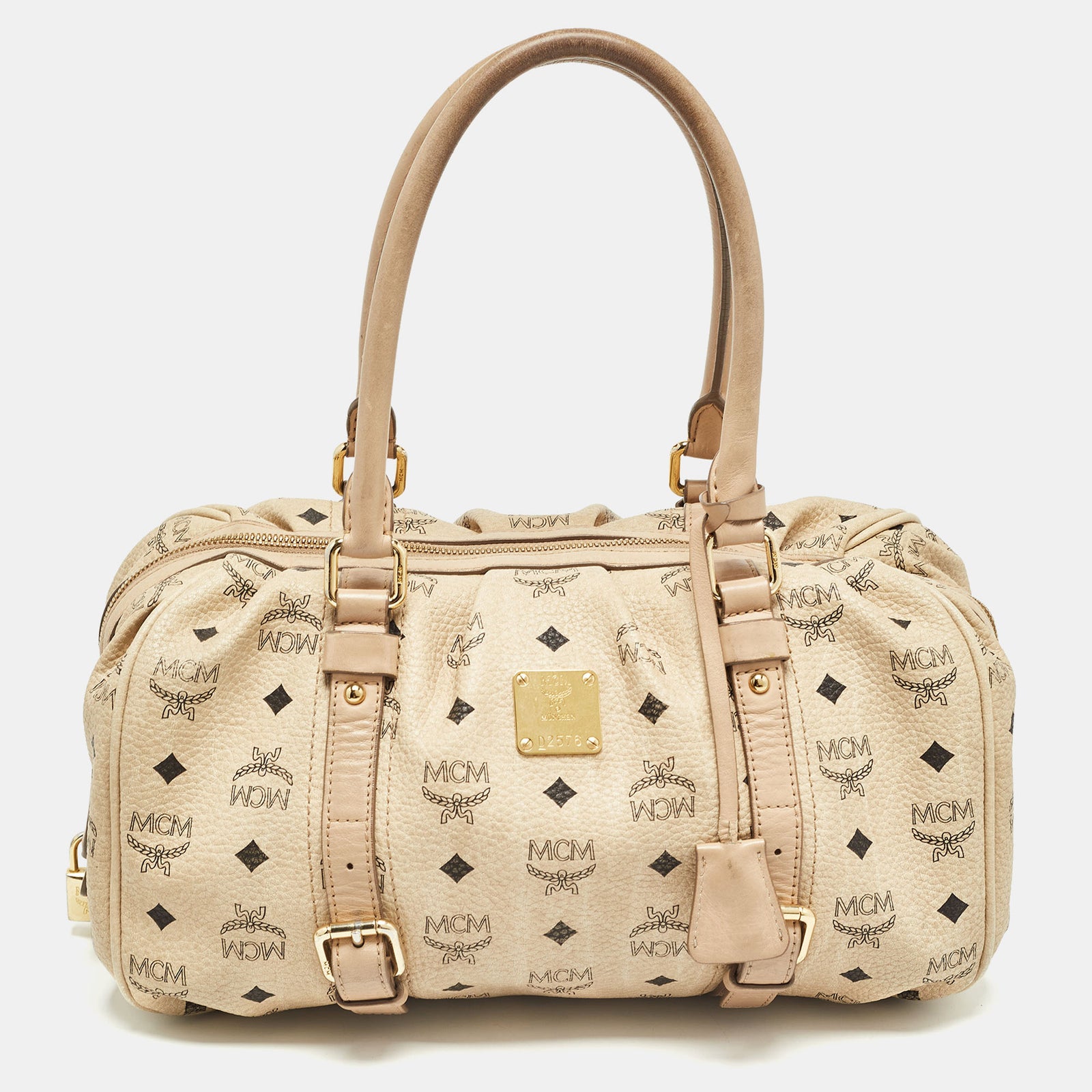 MCM Bowlertasche aus beschichtetem Canvas in Visetos in Beige