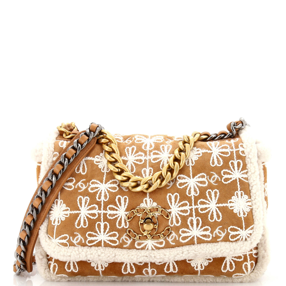 Chanel CHANEL 19 Flap Bag Embroidered Suede with Shearling Medium