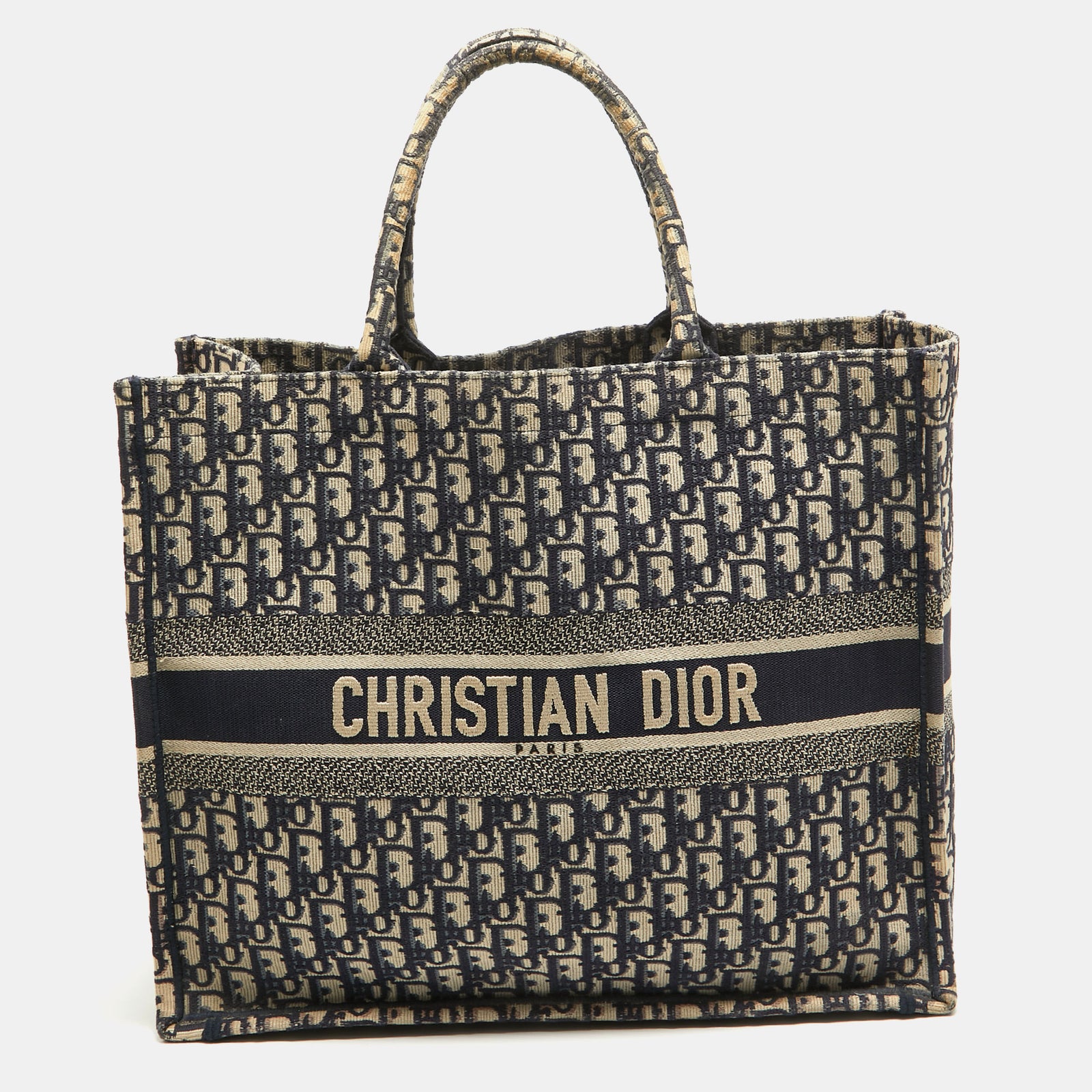 Dior Navy Blue Oblique Embroidered Canvas Large Book Tote