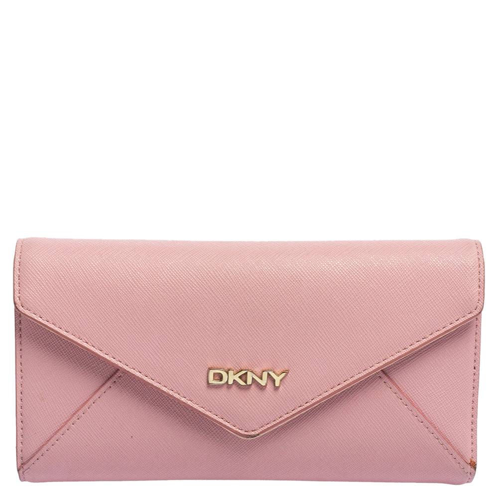 DKNY Portefeuille à rabat en cuir Saffiano rose