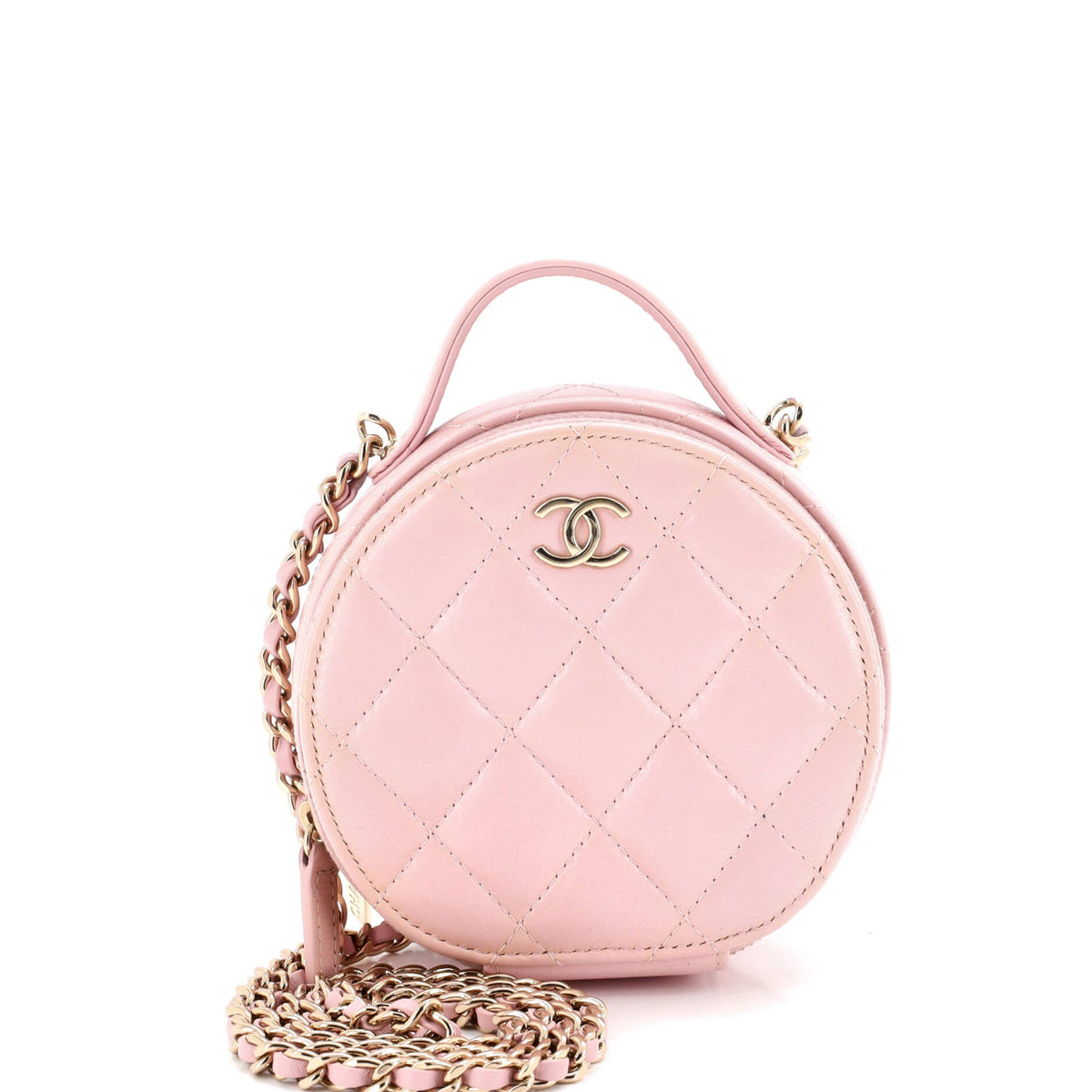 Chanel CHANEL Handle with Care Round Vanity Case with Chain Quilted Lambskin Small