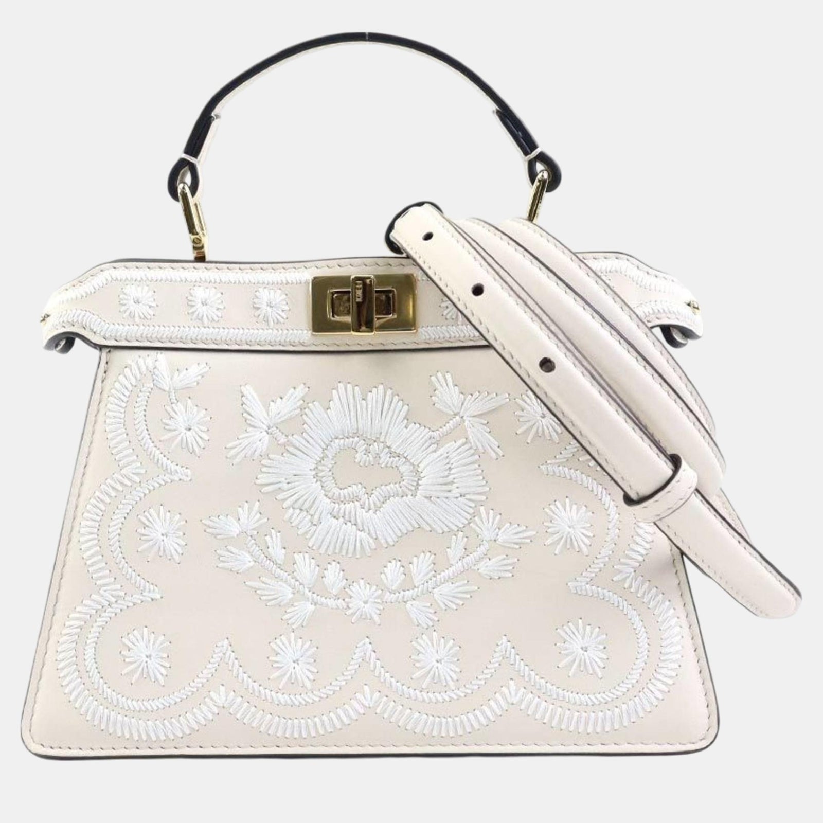 Fendi Light Beige/White Leather Floral Embroidery Peekaboo Crossbody Bag