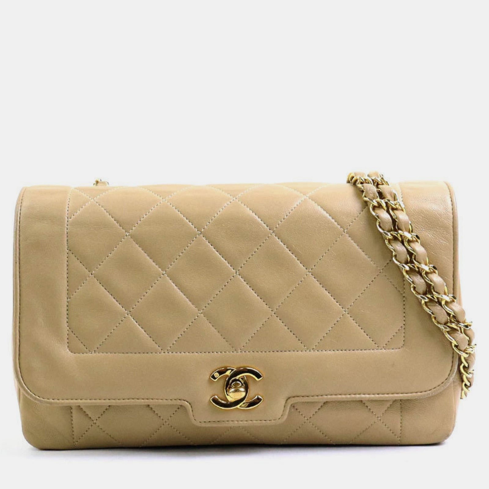 Chanel Sac à bandoulière Diana vintage en cuir matelassé beige avec chaîne